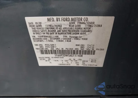 2010 Ford Taurus Se z USA, uszkodzony, nr VIN 1FAHP2DW5AG111408